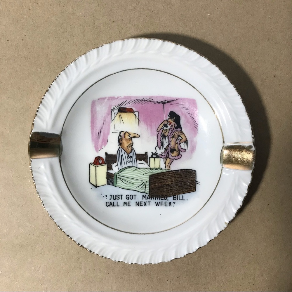 Vintage gold rimmed risque trinket tray/ashtray